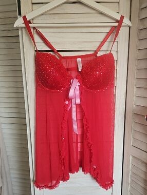 Red Sheer Sequin Babydoll Lingerie with Pink Ribbon